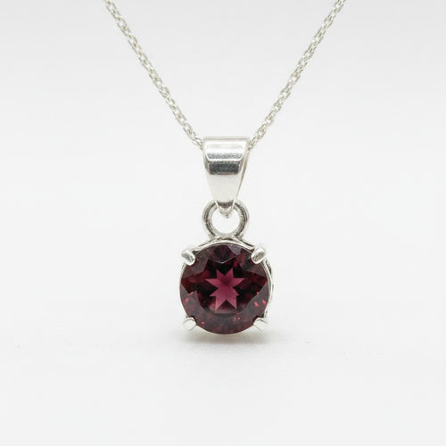 Astral Garnet Round Necklace - Sterling Silver, sterling silver necklace with a round garnet pendant on a white background.