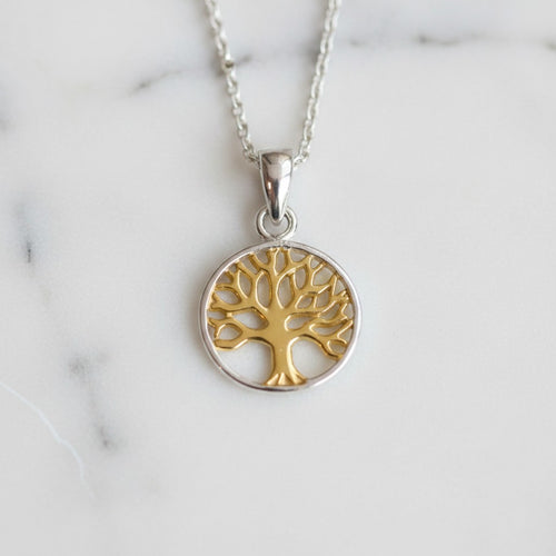 Auryn Tree of Life Necklace - Sterling Silver & Gold Plate, a silver and gold tree of life pendant necklace on a delicate silver chain, displayed on a white marble surface.