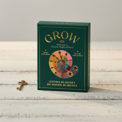 GROW: Pathways to Passion, Purpose & Peace - Guidebook & Oracle Deck, green box set with gold GROW branding beside a vintage key on a wooden surface.