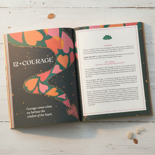 GROW: Pathways to Passion, Purpose & Peace - Guidebook & Oracle Deck, open guidebook page titled "12 Courage" with colorful heart illustration.